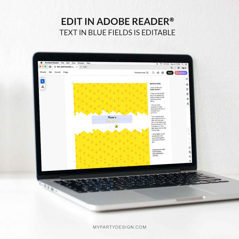 Puede incluir: Un ordenador port&aacute;til muestra una plantilla de invitaci&oacute;n digital con un dise&ntilde;o de panal de abeja amarillo y el texto "Name's Baby Shower". El texto "EDIT IN ADOBE READER&reg; TEXT IN BLUE FIELDS IS EDITABLE" est&aacute; en la parte superior.