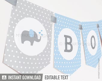 Elephant Baby Shower Banner, Boy Babyshower Decorations in Blue - INSTANT DOWNLOAD - Printable PDF with Editable Text
