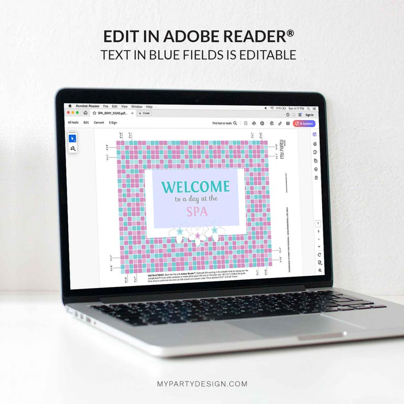 May include: A computer screen displaying a printable spa day sign with a blue and pink mosaic tile pattern. The sign says "Welcome to a day at the SPA".