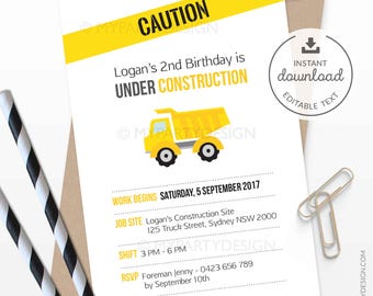 Construction Party Invitation in White, Truck Party Invite, Boy Birthday - INSTANT DOWNLOAD - Printable PDF with Editable Text