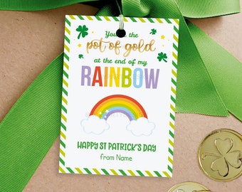 Rainbow St Patrick's Day Tag, Pot of Gold Kids St Patrick Card for friends, Classroom Gift Label - INSTANT DOWNLOAD - Printable Editable PDF