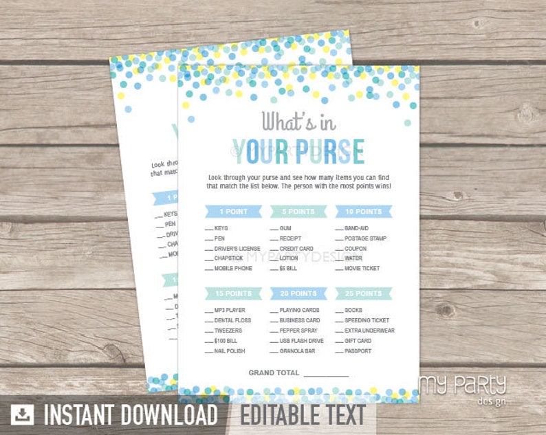 What's in Your Purse Game, Boy Baby Sprinkle, Baby Shower Game INSTANT DOWNLOAD Printable PDF with Editable Text BB02 image 1