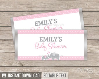 Elephant Baby Shower Chocolate Wrappers, Pink Elephant BabyShower for Girl - INSTANT DOWNLOAD - Printable PDF with Editable Text