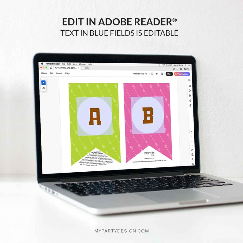 May include: A laptop displays a banner design with the letters "A" and "B". The banner is green and pink with a white circle and brown letters. The text "EDIT IN ADOBE READER" is at the top. The website MYPARTYDESIGN.COM is at the bottom.