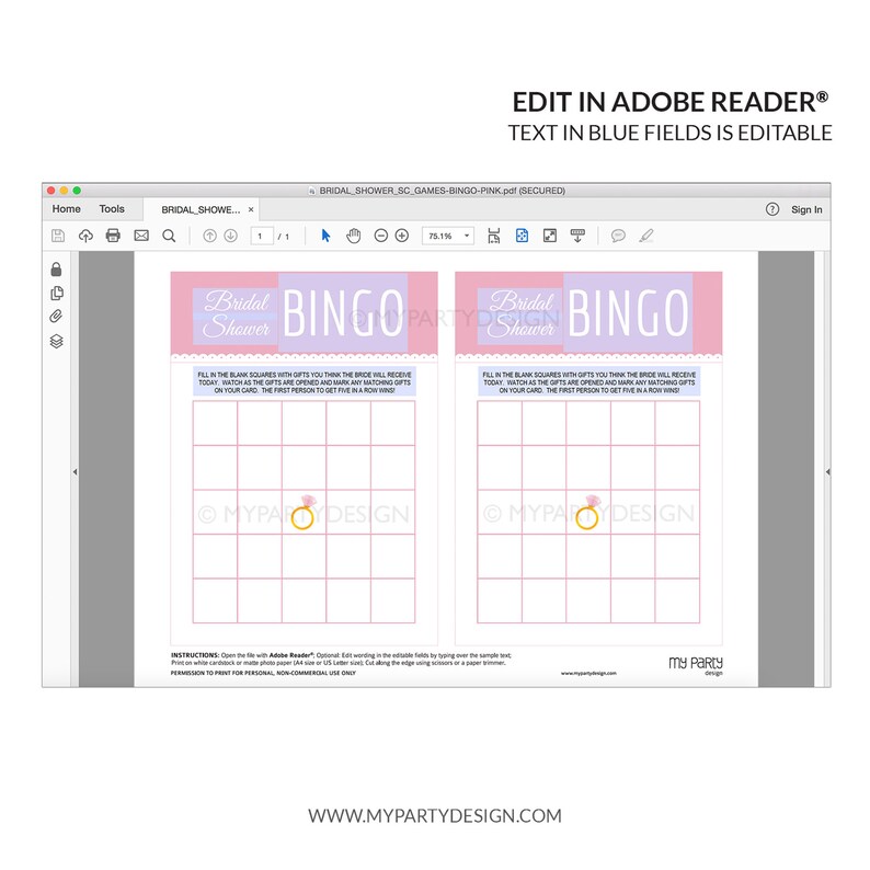 Pink Bridal Shower Bingo Game, Printable Bingo Cards, Wedding Games, Bachelorette Party Activity INSTANT DOWNLOAD Printable Editable PDF image 3