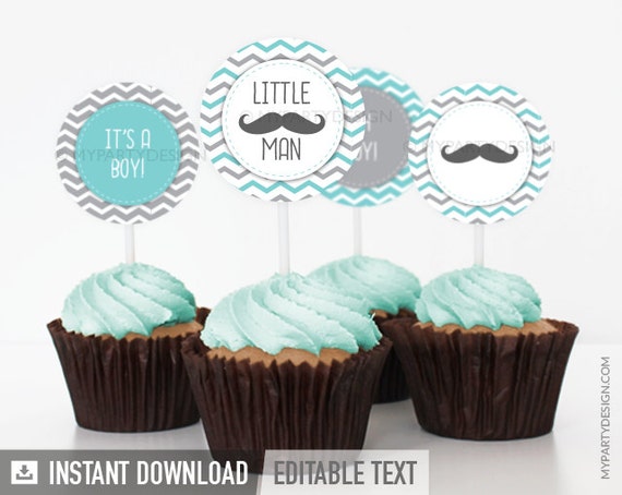 Little Man Baby Shower - Mustache Party - Cupcake Toppers - INSTANT DOWNLOAD - Printable PDF with Editable Text Il_570xn