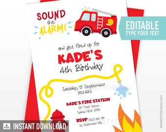 Firetruck Birthday Invitation, Fireman Party for boys, Fire Truck Birthday Invite - INSTANT DOWNLOAD - Printable PDF with Editable Text