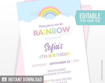 10 Personnalisé Fête D'Anniversaire Invitations Rainbow Bunting Poster Nuages Unisexe