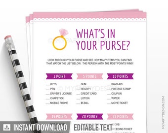 Contenu de votre sac à main, jeu de douche nuptiale, EVJF pour mariage, rose festonné - TÉLÉCHARGEMENT IMMÉDIAT - PDF imprimable avec texte modifiable