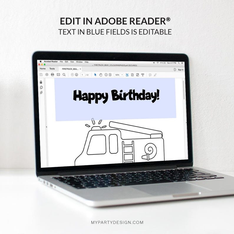 Puede incluir: Una tarjeta de cumplea&ntilde;os imprimible de cami&oacute;n de bomberos con una pancarta azul que dice "&iexcl;Feliz cumplea&ntilde;os!" El cami&oacute;n de bomberos es en blanco y negro y se puede colorear. La tarjeta est&aacute; dise&ntilde;ada para ser editada en Adobe Reader.