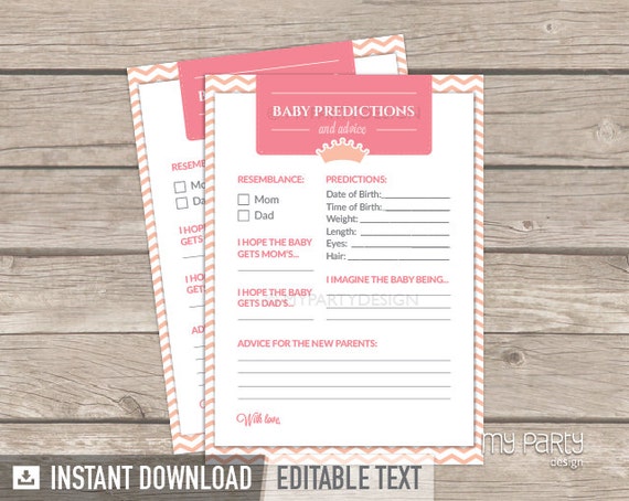 Baby Predictions and Advice Card - Princess Baby Shower Game - Pink Peach Chevron - INSTANT DOWNLOAD - Printable PDF with Editable Text Il_570xn