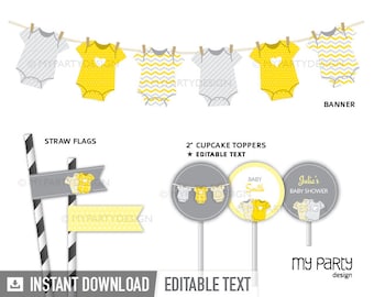 Yellow Baby Shower Party Pack, bodysuit theme, Gender Neutral BabyShower Decorations - INSTANT DOWNLOAD - Printable PDF with Editable Text