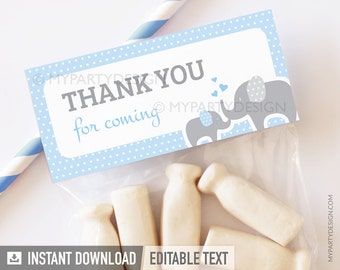 Elephant Favor Tags, Thank You Labels, Elephant Baby Shower, Boy Blue - INSTANT DOWNLOAD - Printable PDF with Editable Text
