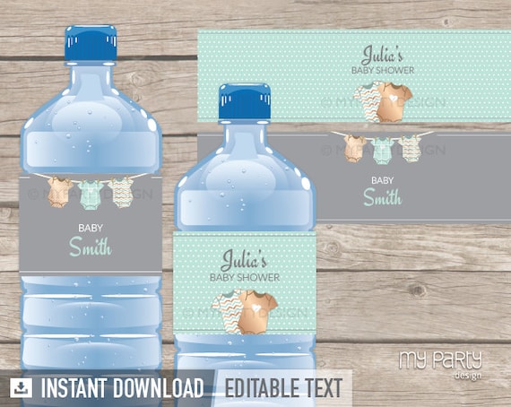 Mint Baby Shower, bodysuit theme - Bottle Labels - Baby Shower Party - Mint and Gold - INSTANT DOWNLOAD - Printable PDF with Editable Text Il_570xn