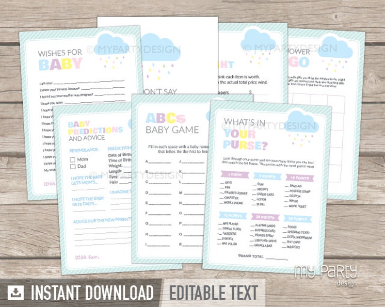 Cloud Baby Shower Games Pack Printable PDF with Editable Text INSTANT DOWNLOAD Gender Neutral Baby Sprinkle