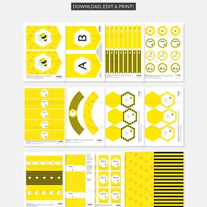 Puede incluir: Archivos PDF imprimibles con tem&aacute;tica de abejas. El dise&ntilde;o incluye patrones amarillos y negros, con im&aacute;genes de abejas, hex&aacute;gonos y rayas. El texto incluye "&iexcl;Descargar, editar e imprimir!" y etiquetas de "Gracias".