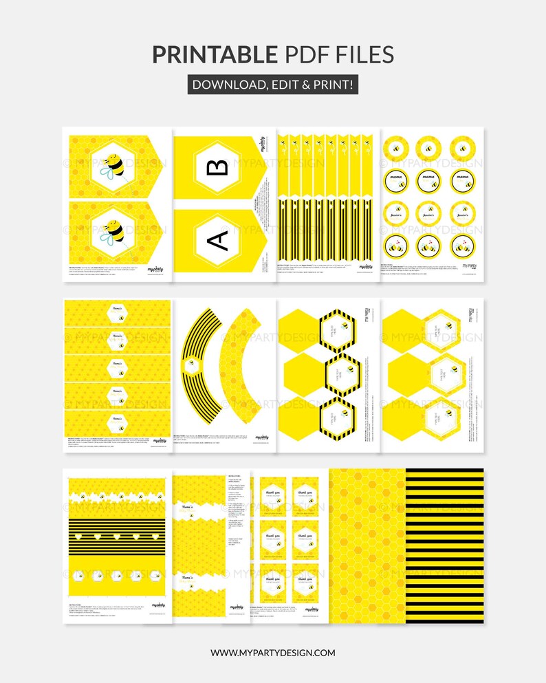 Puede incluir: Archivos PDF imprimibles con tem&aacute;tica de abejas. El dise&ntilde;o incluye patrones amarillos y negros, con im&aacute;genes de abejas, hex&aacute;gonos y rayas. El texto incluye "&iexcl;Descargar, editar e imprimir!" y etiquetas de "Gracias".