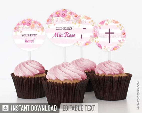Baptism / Christening Cupcake Toppers - Circles - God Bless - Floral Watercolor - INSTANT DOWNLOAD - Printable PDF with Editable Text (BT01) Il_570xn