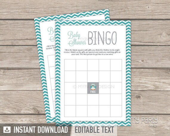 Baby Shower Bingo - Owl Boy Baby Shower Game - Mint Teal Chevron - INSTANT DOWNLOAD - Printable PDF with Editable Text Il_570xn