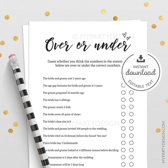 Over or Under Game, Bridal Shower, Wedding Game, Bachelorette Party, Classic, Rustic, Virtual - INSTANT DOWNLOAD - Printable Editable PDF Il_570xn