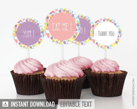 Confetti Party Cupcake Toppers, Confetti Birthday Decorations, Sprinkles Party Decor - INSTANT DOWNLOAD - Printable PDF with Editable Text Il_570xn