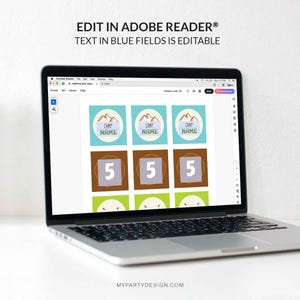 May include: A laptop screen displays a digital design with editable text. The design features squares with mountain graphics and the text "CAMP NAME" and numbers. The text "EDIT IN ADOBE READER&reg; TEXT IN BLUE FIELDS IS EDITABLE" is at the top.