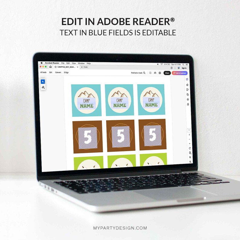 May include: A laptop screen displays a digital design with editable text. The design features squares with mountain graphics and the text "CAMP NAME" and numbers. The text "EDIT IN ADOBE READER&reg; TEXT IN BLUE FIELDS IS EDITABLE" is at the top.
