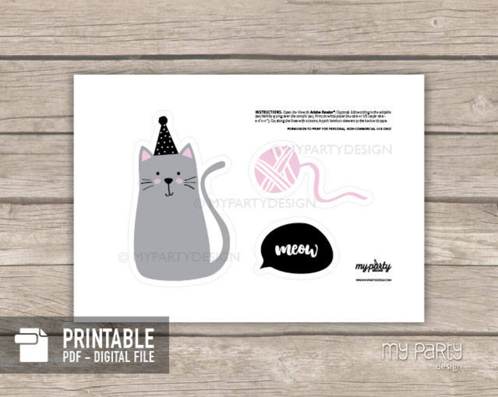 Cat Cake Topper Kitty Cat Birthday Party Printables INSTANT | Etsy