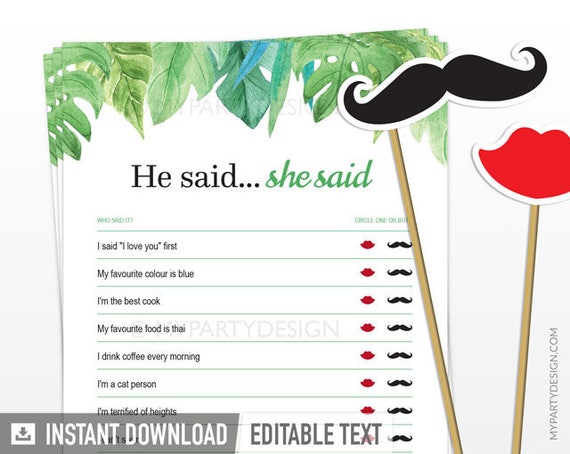 He Said She Said Game, Tropical Bridal Shower or Wedding Activity, Guess Who Said it - INSTANT DOWNLOAD - Printable Editable PDF (WED08) Il_570xn