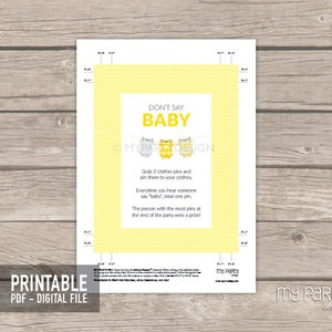 Don't say Baby Game Sign, Yellow Baby Shower, bodysuit theme, BabyShower Game INSTANT DOWNLOAD Printable PDF with Editable Text image 2