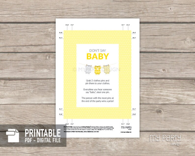 Don't say Baby Game Sign, Yellow Baby Shower, bodysuit theme, BabyShower Game INSTANT DOWNLOAD Printable PDF with Editable Text image 2