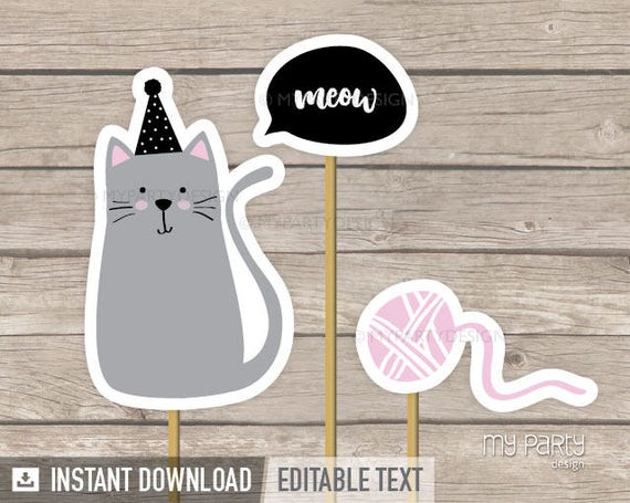Cat Cake Topper Kitty Cat Birthday Party Printables INSTANT DOWNLOAD 