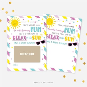 Portatarjetas de regalo de verano para profesores o personal de apoyo. Tu turno para relajarte bajo el sol. Bono regalo. DESCARGA INMEDIATA. PDF imprimible.