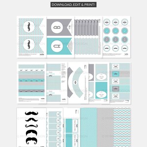 Puede incluir: Archivos PDF imprimibles con tem&aacute;tica de bigote en color turquesa, gris y blanco. El dise&ntilde;o incluye patrones de chevron, gr&aacute;ficos de bigote y el texto "DOWNLOAD, EDIT & PRINT!" y "WWW.MYPARTYDESIGN.COM".