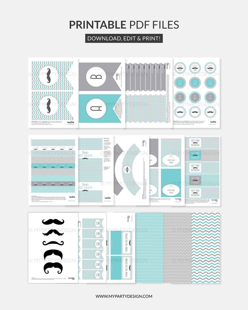 Puede incluir: Archivos PDF imprimibles con tem&aacute;tica de bigote en color turquesa, gris y blanco. El dise&ntilde;o incluye patrones de chevron, gr&aacute;ficos de bigote y el texto "DOWNLOAD, EDIT & PRINT!" y "WWW.MYPARTYDESIGN.COM".
