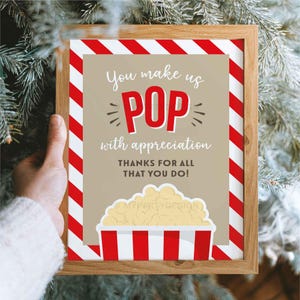 Pop With Appreciation Sign, Popcorn Thank You Print for Staff, Volunteer or Teacher Appreciation - INSTANT DOWNLOAD - Printable PDF File