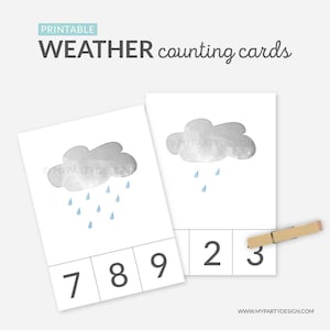 Schede di conteggio del meteo, Schede con clip di gocce di pioggia, Impara i numeri, Apprendimento precoce per la scuola domestica, Montessori - DOWNLOAD IMMEDIATO - PDF stampabile
