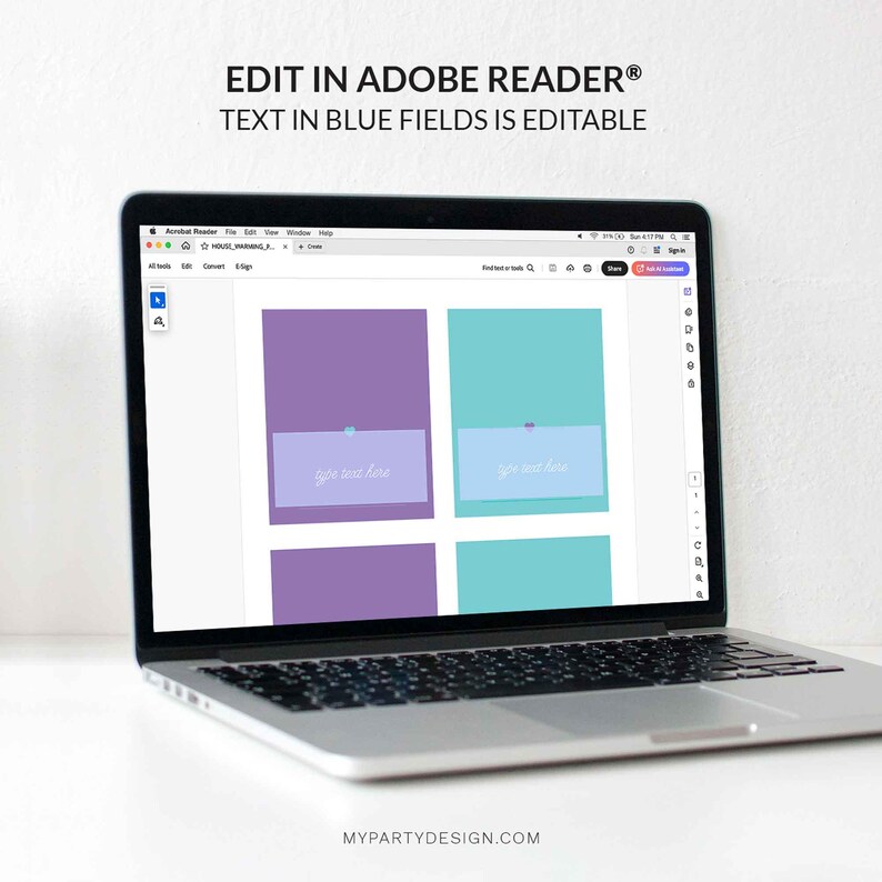 K&ouml;nnte beinhalten: Ein Laptop zeigt eine digitale Vorlage mit editierbaren Textfeldern in Lila und T&uuml;rkis. Der Text "EDIT IN ADOBE READER" und "TEXT IN BLUE FIELDS IS EDITABLE" stehen oben. Die Website MYPARTYDESIGN.COM befindet sich unten.