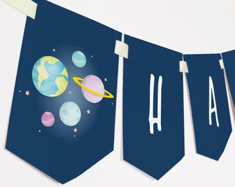 First Trip around the Sun Birthday Banner, Outer Space Party Bunting, Galaxy Garland Decorations - INSTANT DOWNLOAD - Printable Editable PDF