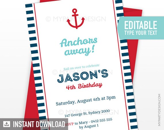 Nautical Party Invitation, Nautical Birthday Invite, Boy Navy Red Stripes - INSTANT DOWNLOAD - Printable PDF with Editable Text Il_570xn