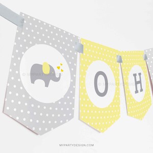 Elephant Baby Shower Banner, Gender Neutral Babyshower Decorations, Yellow Grey Bunting - INSTANT DOWNLOAD - Printable Editable PDF