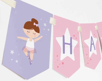 Ballerina Birthday Banner, Ballet Party Decorations, Dance Party Bunting - INSTANT DOWNLOAD - Printable PDF with Editable Text