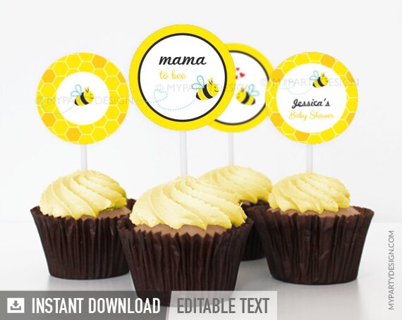 Bee Baby Shower Cupcake Toppers - Mama to bee - Gender Neutral Baby Shower - INSTANT DOWNLOAD - Printable PDF with Editable Text Il_570xn