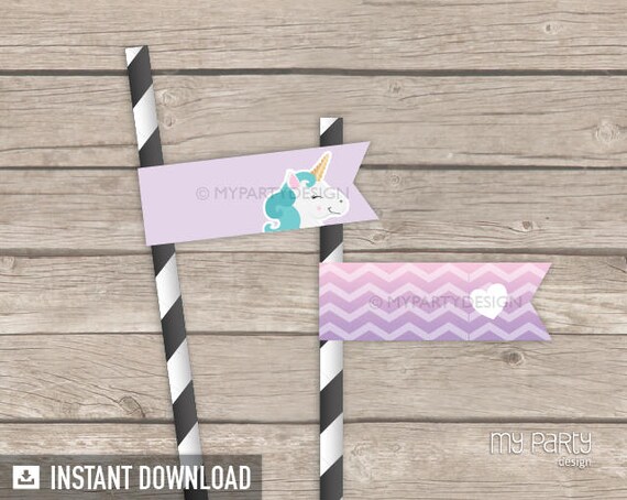 Unicorn Party Straw Flags - Pastel Purple - INSTANT DOWNLOAD - Printable PDF Il_570xn