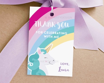 Unicorn Party Favors, Favor Tags, Unicorn Party Decorations, Thank you Labels, Rainbow Birthday - INSTANT DOWNLOAD - Printable Editable PDF
