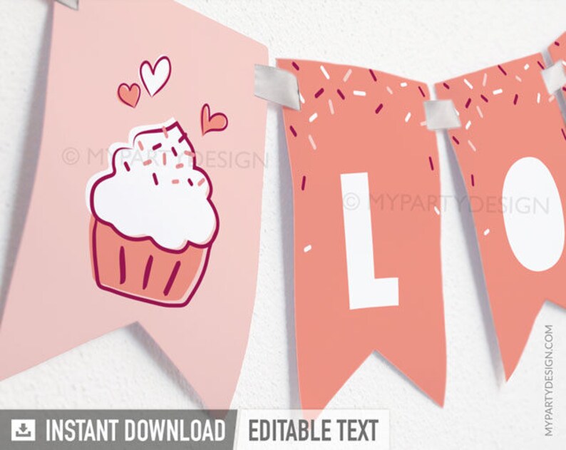 Valentine's Day Banner, Love is Sweet Party Bunting, Cupcake Sprinkled with Love INSTANT DOWNLOAD Printable PDF with Editable Text image 1