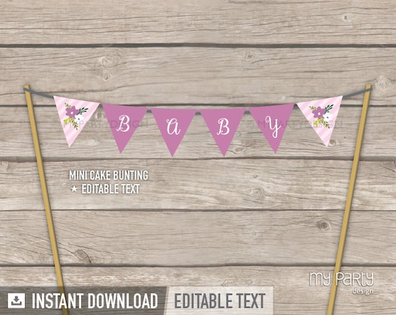 Floral Baby Shower - Cake Bunting - Mini Banner - Cake Topper - Girl Pink Stripes - INSTANT DOWNLOAD - Printable PDF with Editable Text Il_570xn