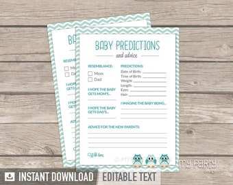 Baby Predictions and Advice card, Owl Boy Baby Shower Game, Mint Teal Chevron - INSTANT DOWNLOAD - Printable PDF with Editable Text