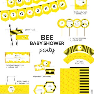 Puede incluir: Un conjunto de suministros para fiestas de baby shower con tem&aacute;tica de abejas amarillas y negras. Incluye una pancarta, adornos para cupcakes, envoltorios, etiquetas y papeles coordinados. La pancarta dice "MAMA TO BEE".