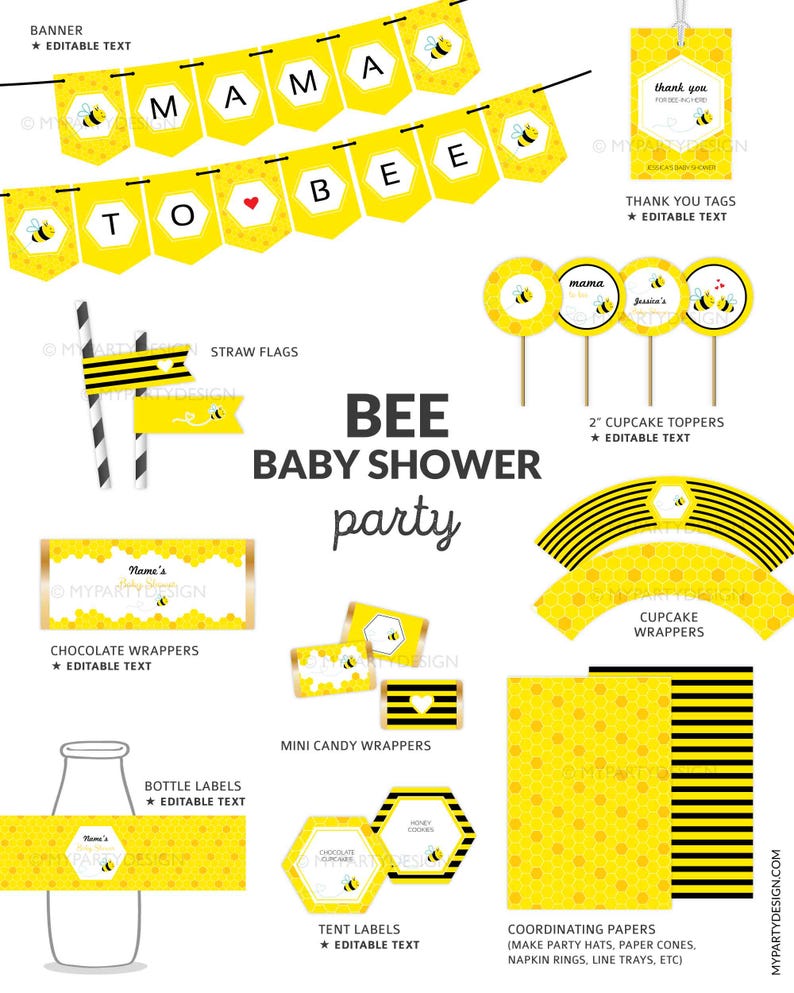Puede incluir: Un conjunto de suministros para fiestas de baby shower con tem&aacute;tica de abejas amarillas y negras. Incluye una pancarta, adornos para cupcakes, envoltorios, etiquetas y papeles coordinados. La pancarta dice "MAMA TO BEE".